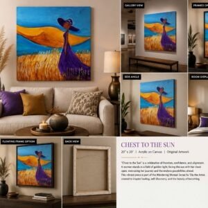 alt="Chest to the Sun - original 20x20 acrylic painting of Black woman in purple dress standing in golden wheat field by Tila the Artist"