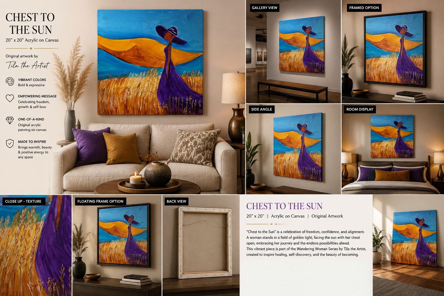 alt="Chest to the Sun - original 20x20 acrylic painting of Black woman in purple dress standing in golden wheat field by Tila the Artist"